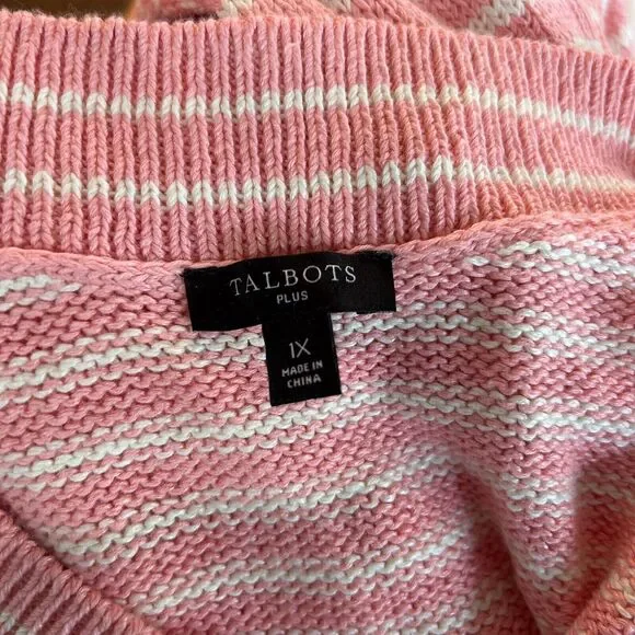 Talbots Sweater 1X Women's Pink & White Striped V-Neck Linen Cotton Longsleeve - Picture 2 of 9